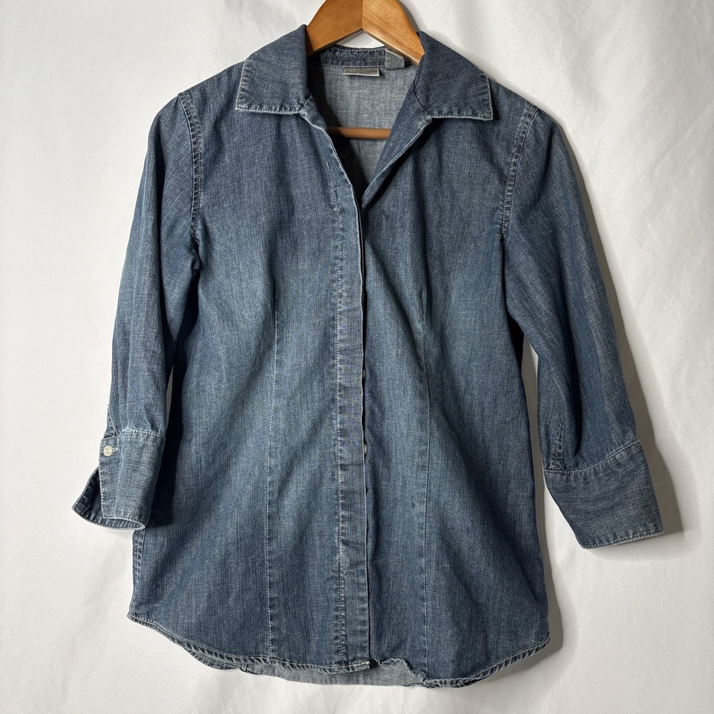 Chico's Size 0‎ Denim Jean Shirt Button Front 3/4 Sleeves Blue Cotton Casual